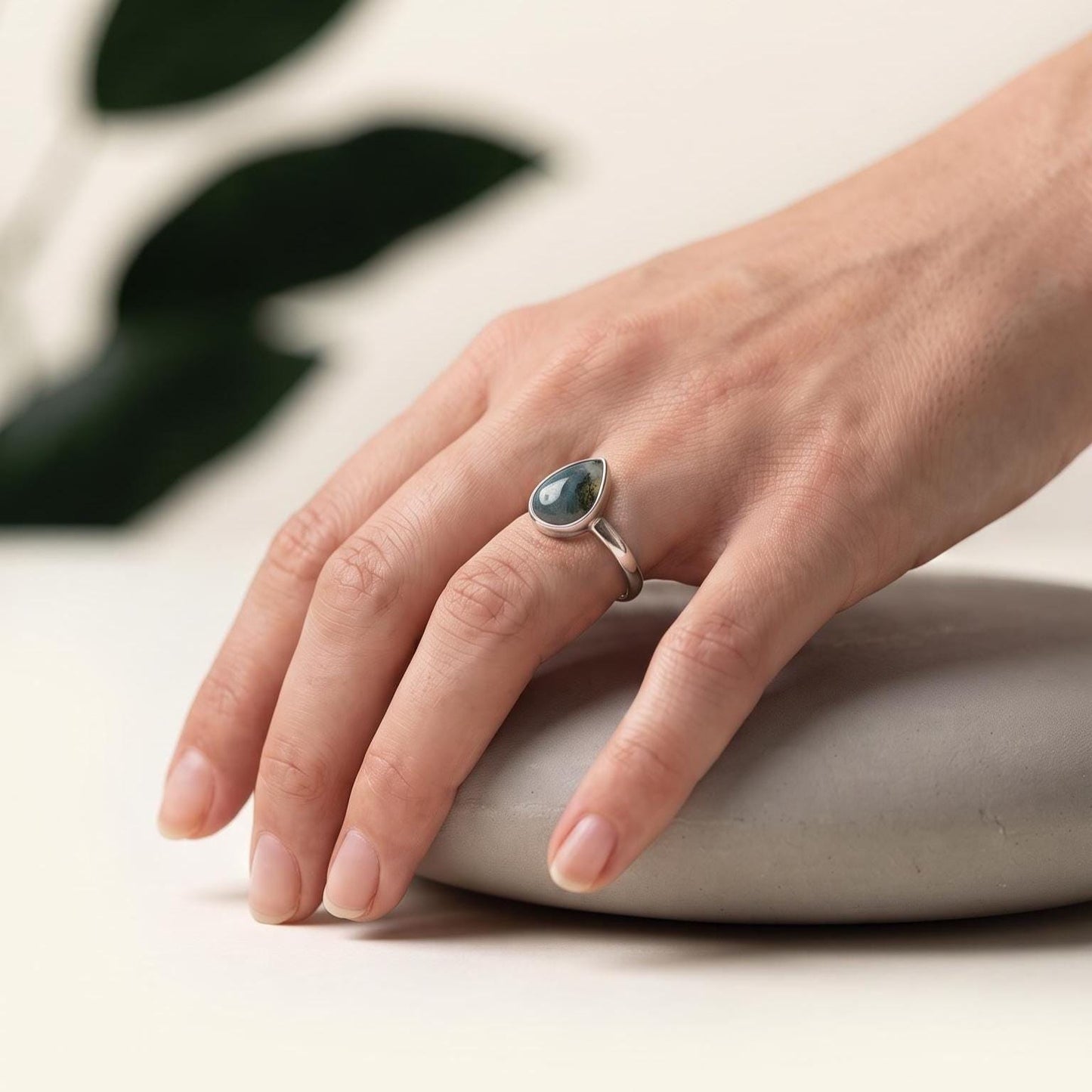 Pear-Shaped Moss Agate Ring | Sterling Silver