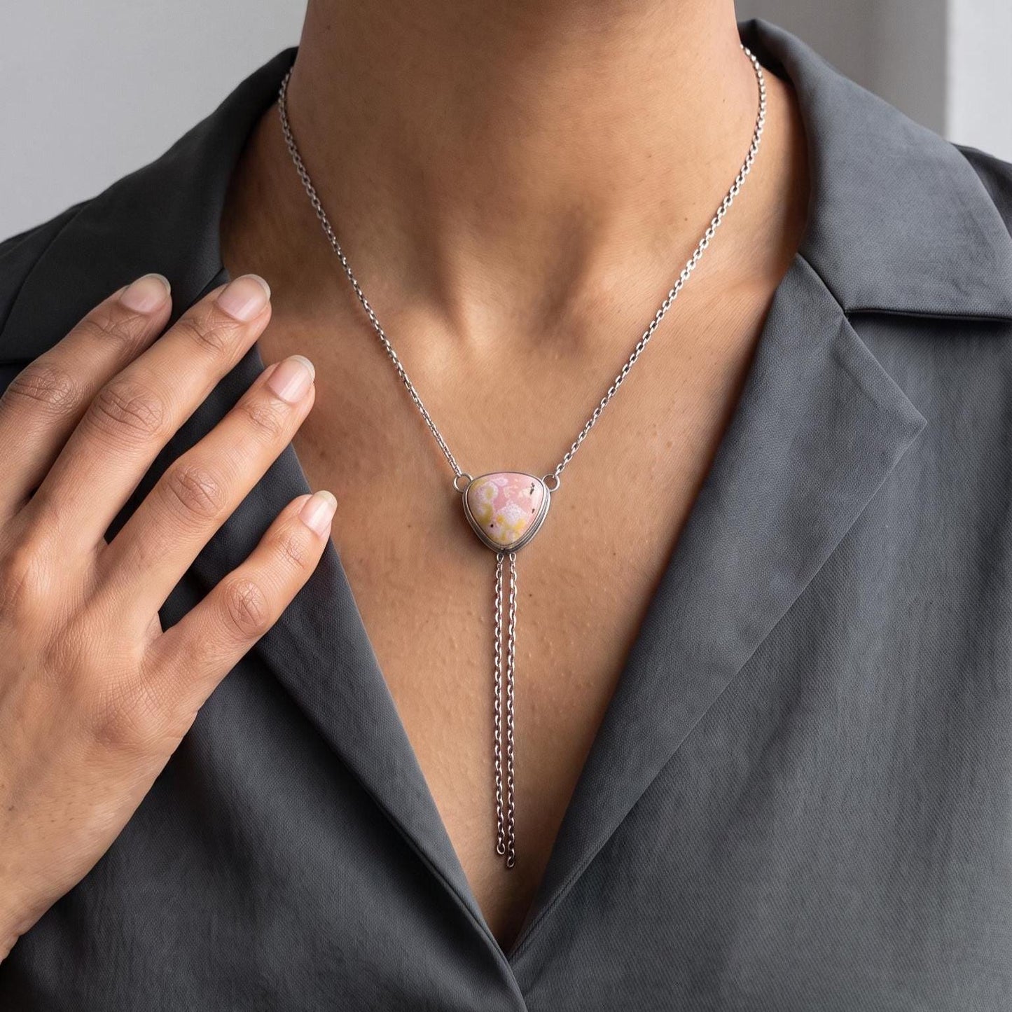 Ocean Jasper Y Necklace - Jasper Bolo Necklace - Sterling Silver