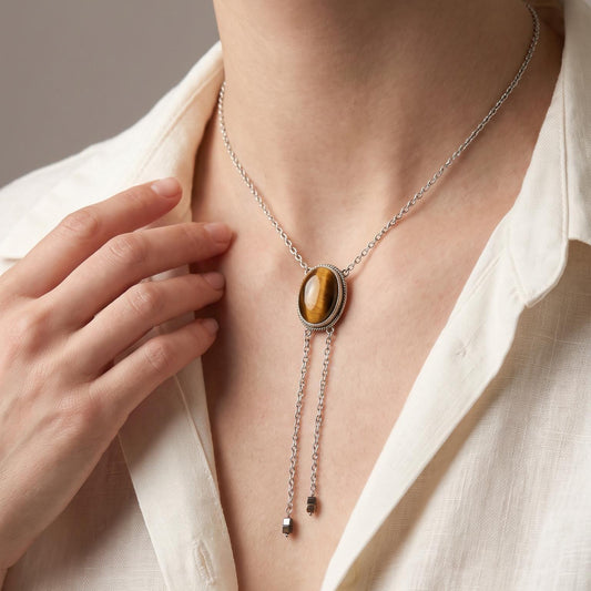 Tiger's Eye Sterling Silver Bolo Necklace - Southwestern Y Necklace
