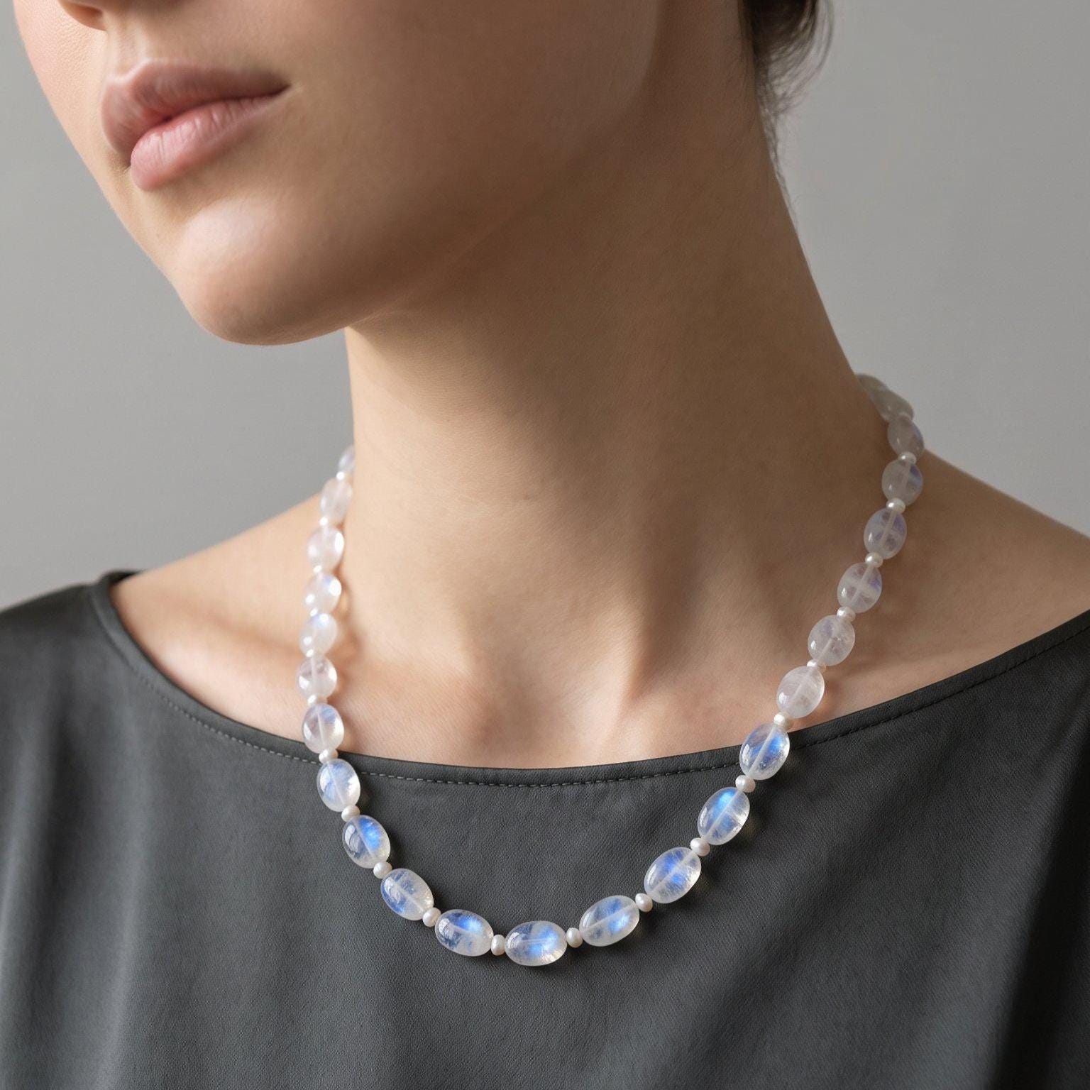 Rainbow Moonstone and Pearl Beaded Necklace - Graduated Beads