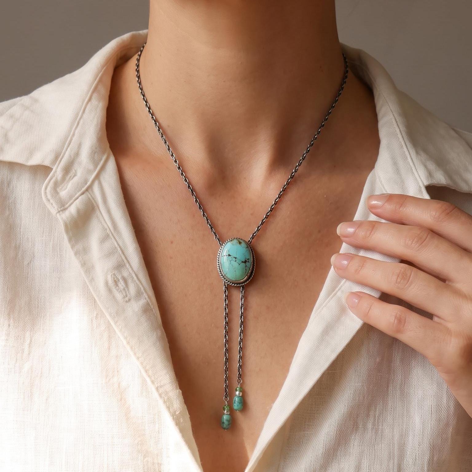 Turquoise Mock Bolo Necklace - Sterling Silver