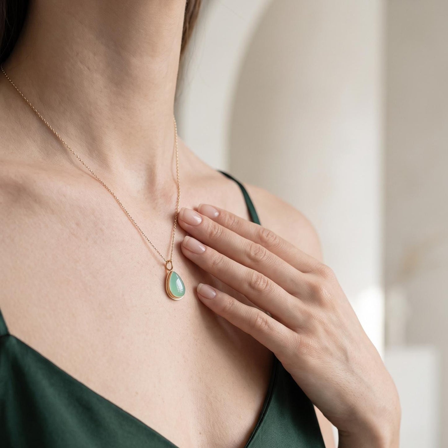 Green Jade Teardrop Pendant - Burma Jade Sold Gold Charm - 18K and 14K Gold