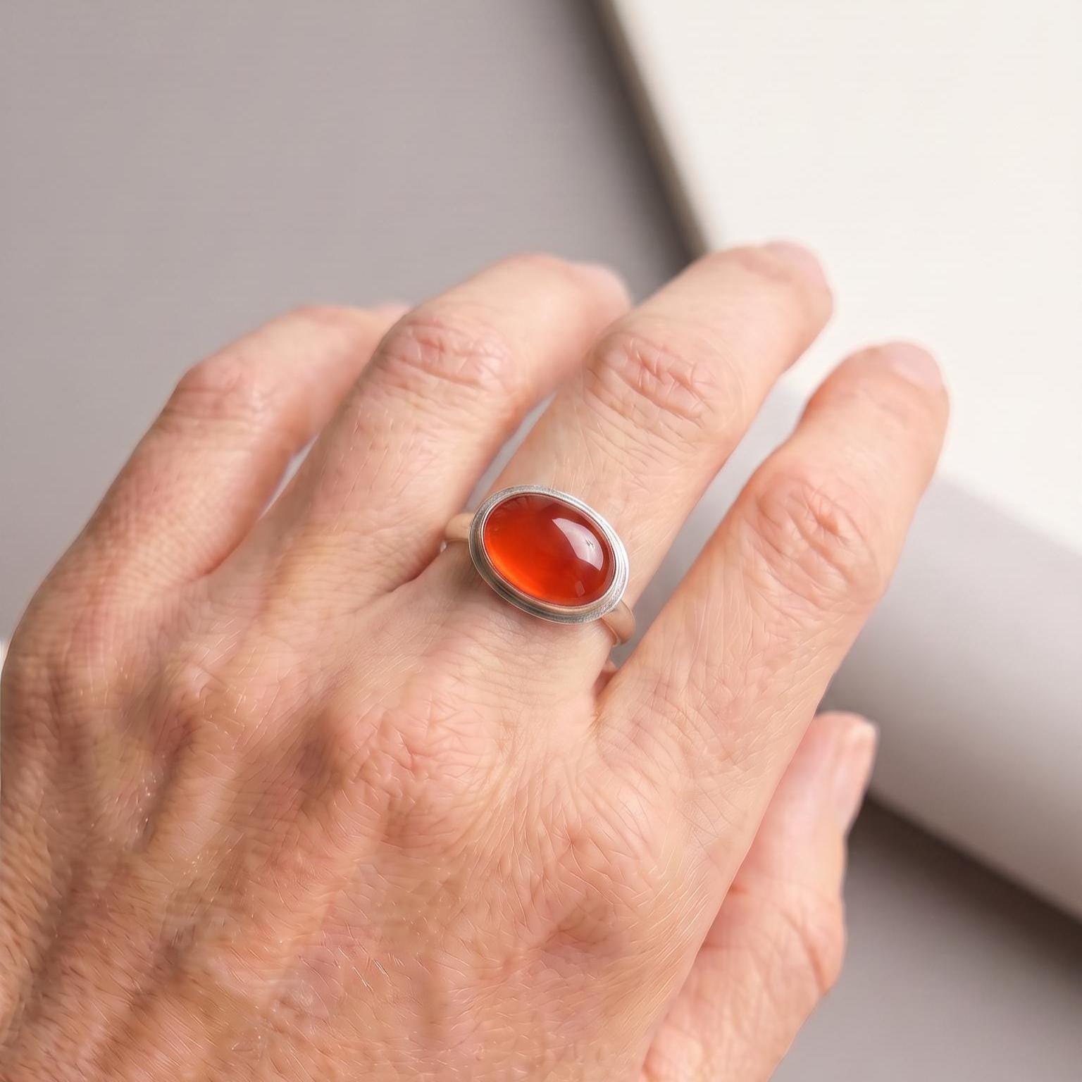 Orange Carnelian Sterling Silver Ring - East West Oval Silversmith Ring