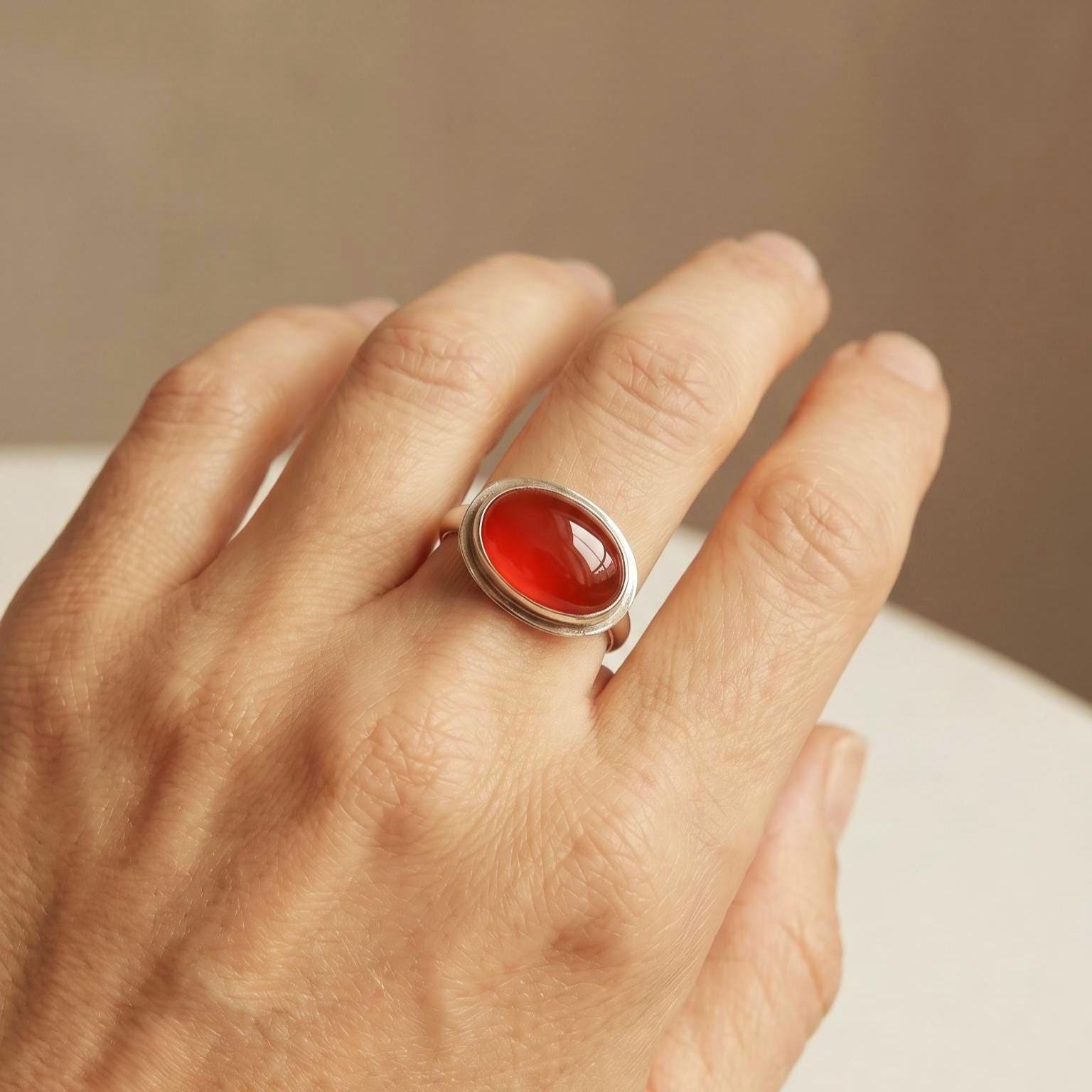 Orange Carnelian Sterling Silver Ring - East West Oval Silversmith Ring
