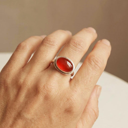 Orange Carnelian Sterling Silver Ring - East West Oval Silversmith Ring