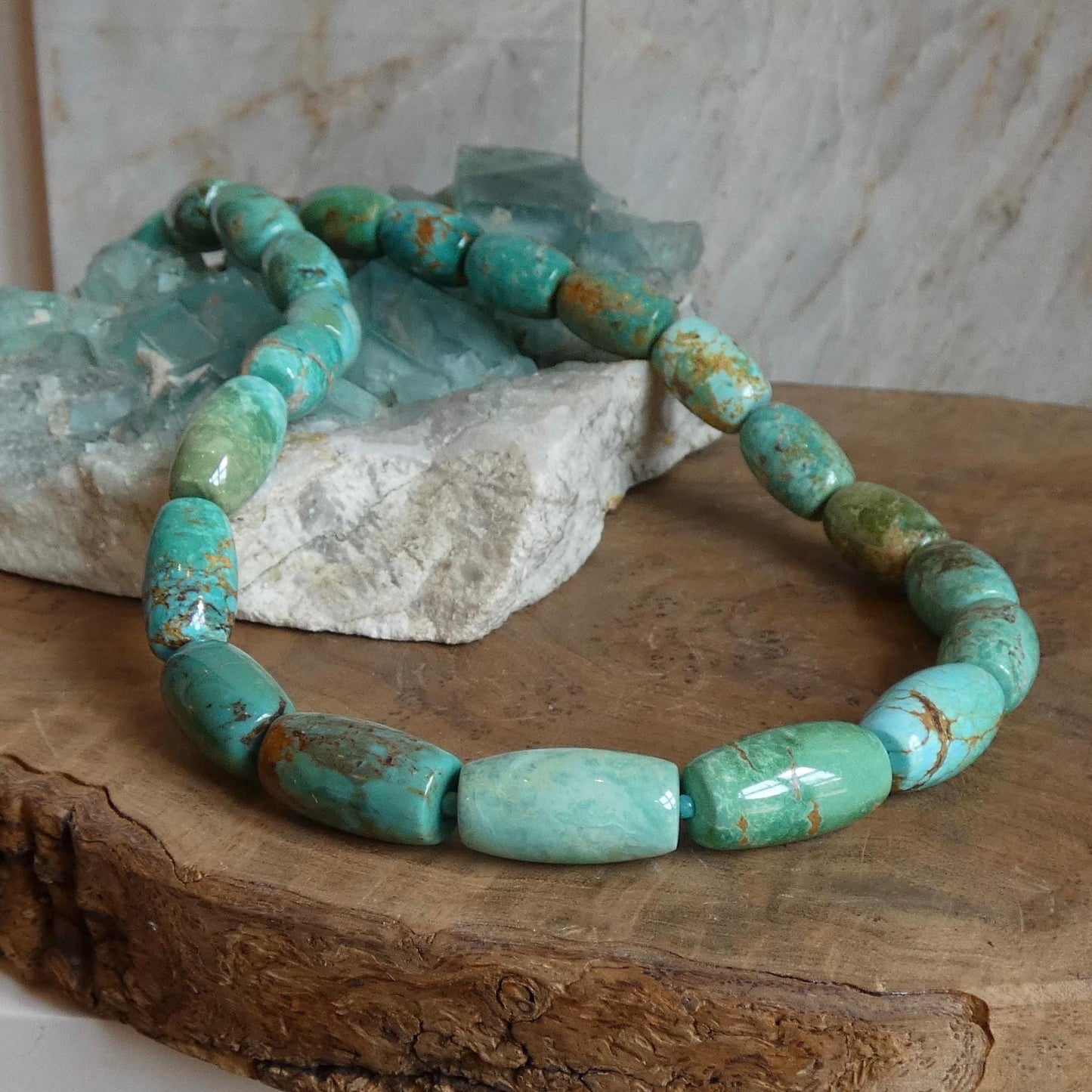 Hubei Turquoise Barrel Beads Necklace | Sterling Silver