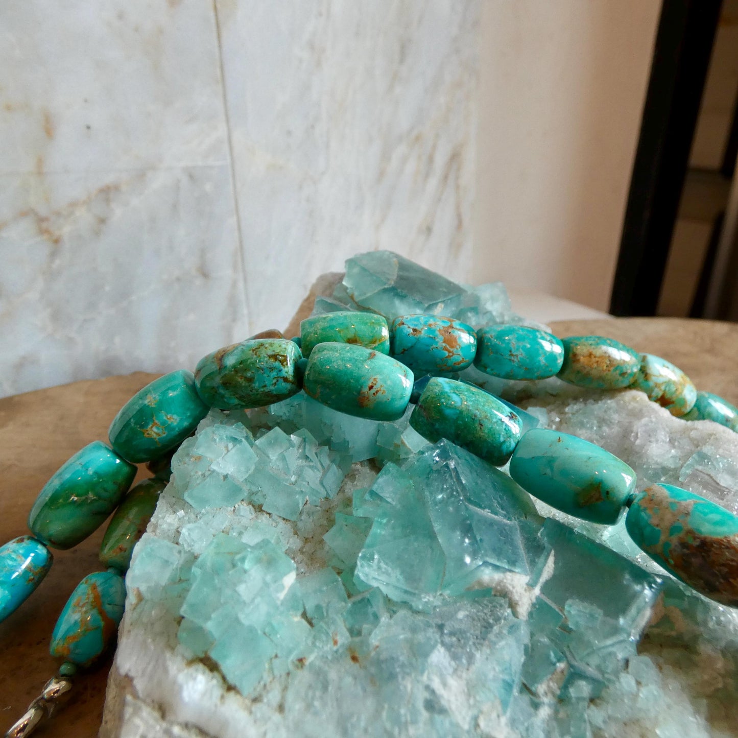 Hubei Turquoise Barrel Beads Necklace | Sterling Silver