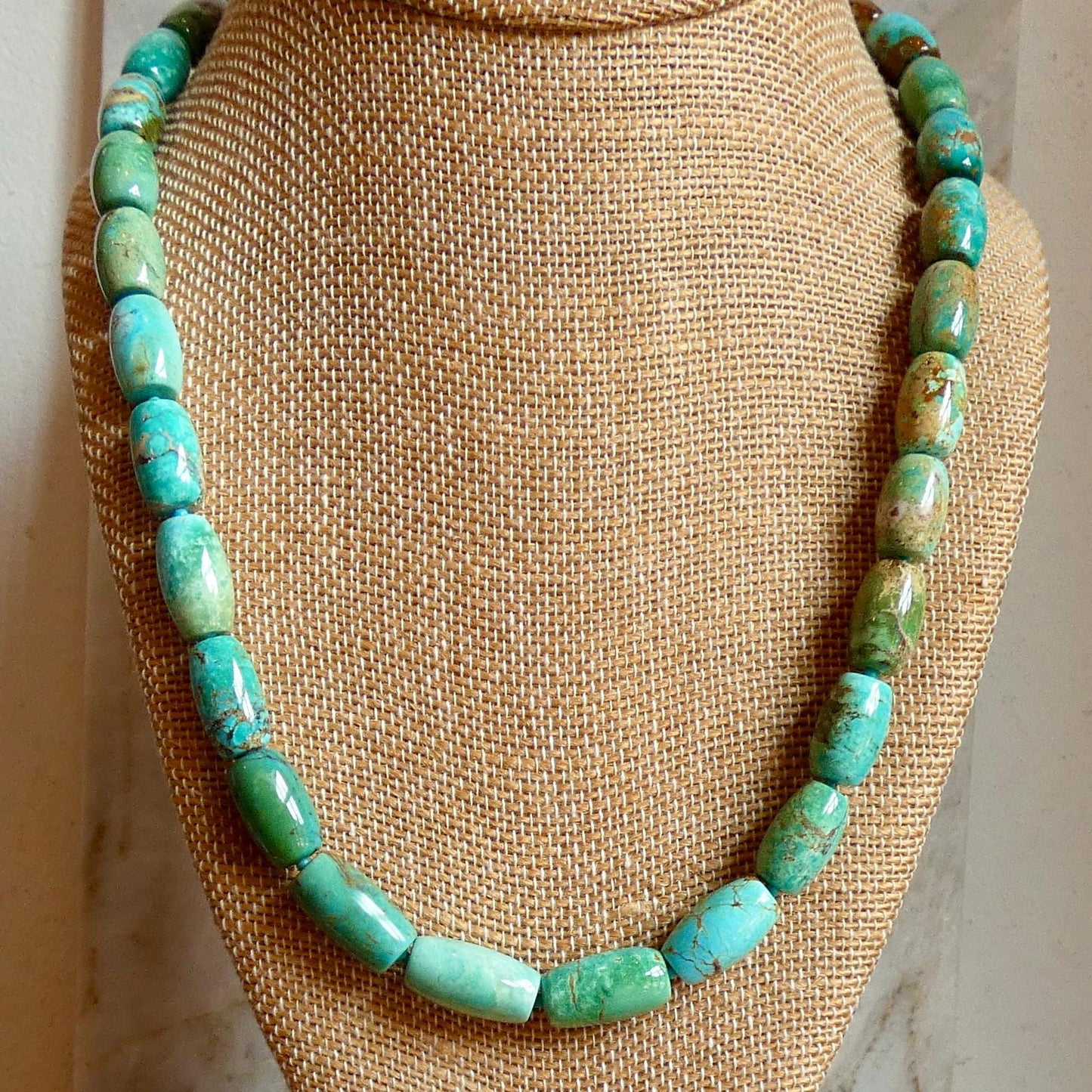 Hubei Turquoise Barrel Beads Necklace | Sterling Silver