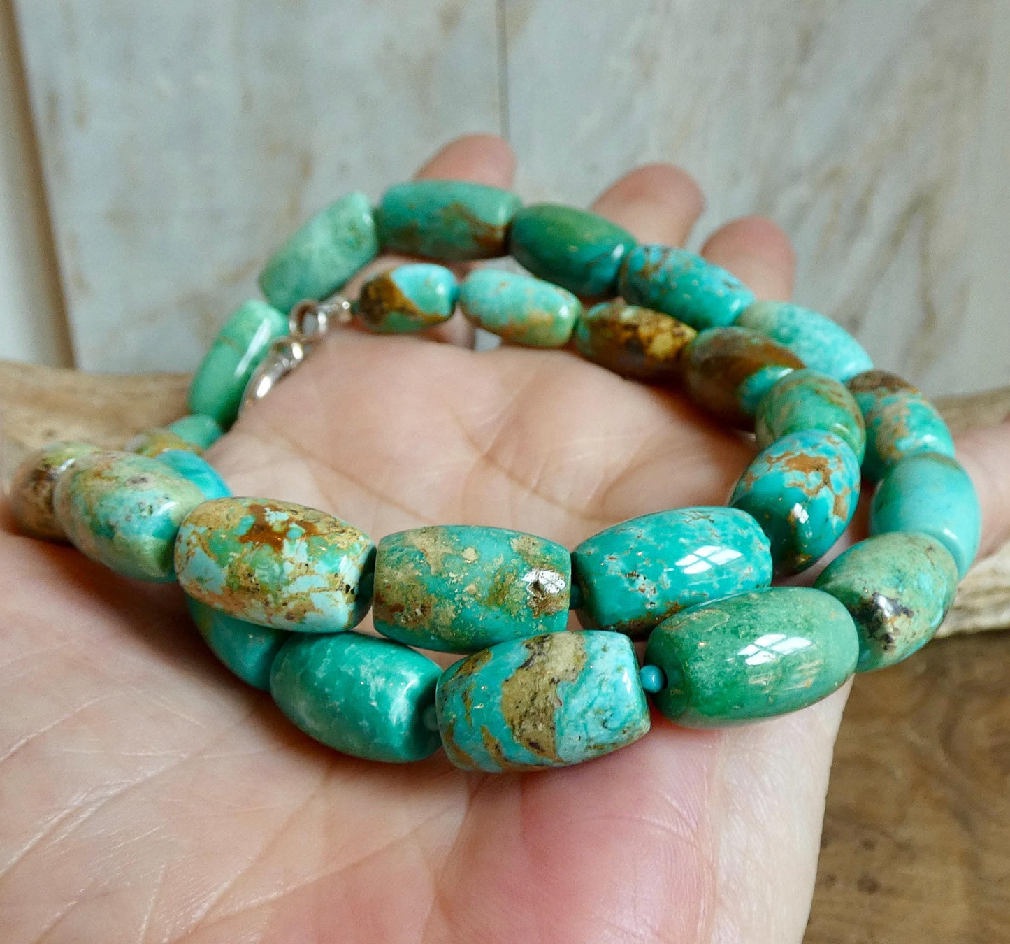 Hubei Turquoise Barrel Beads Necklace | Sterling Silver