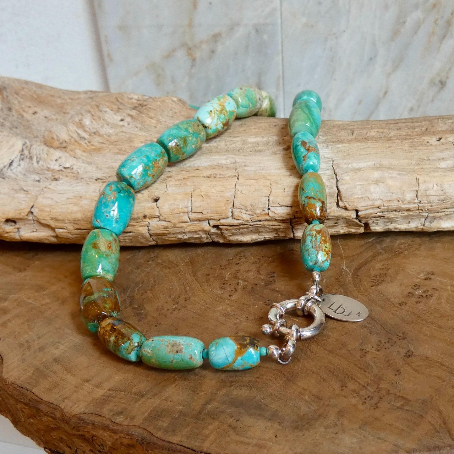 Hubei Turquoise Barrel Beads Necklace | Sterling Silver