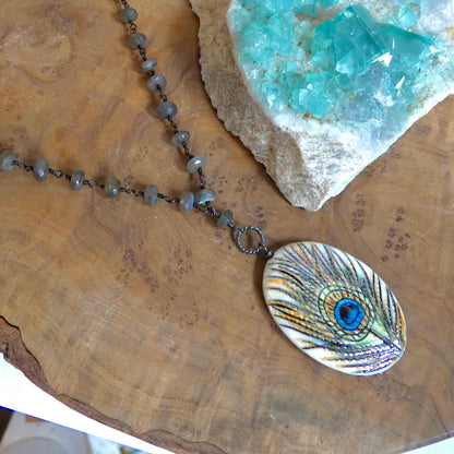 Labradorite Rosary Necklace with Porcelain Peacock Feather Focal | Sterling Silver