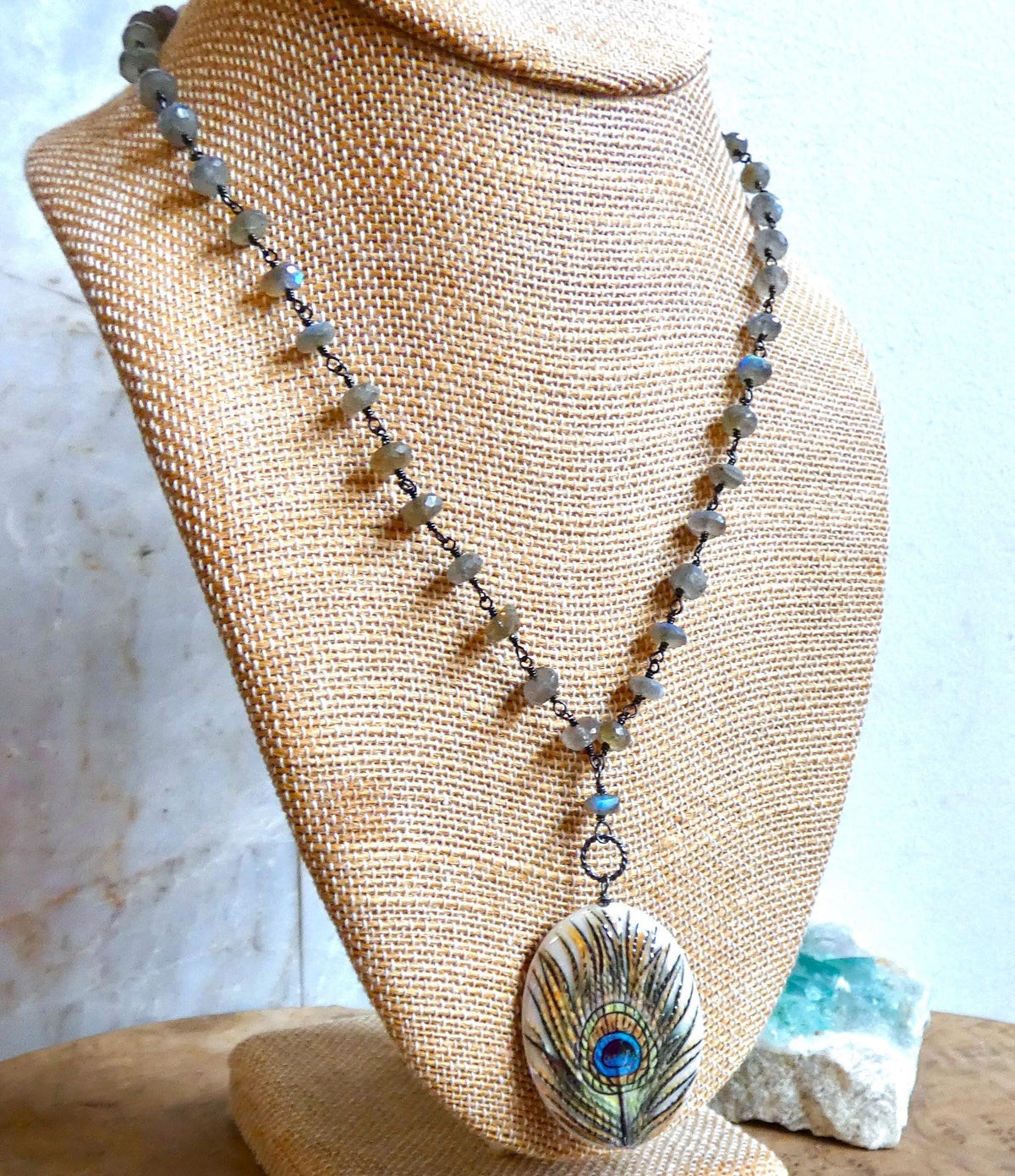 Labradorite Rosary Necklace with Porcelain Peacock Feather Focal | Sterling Silver