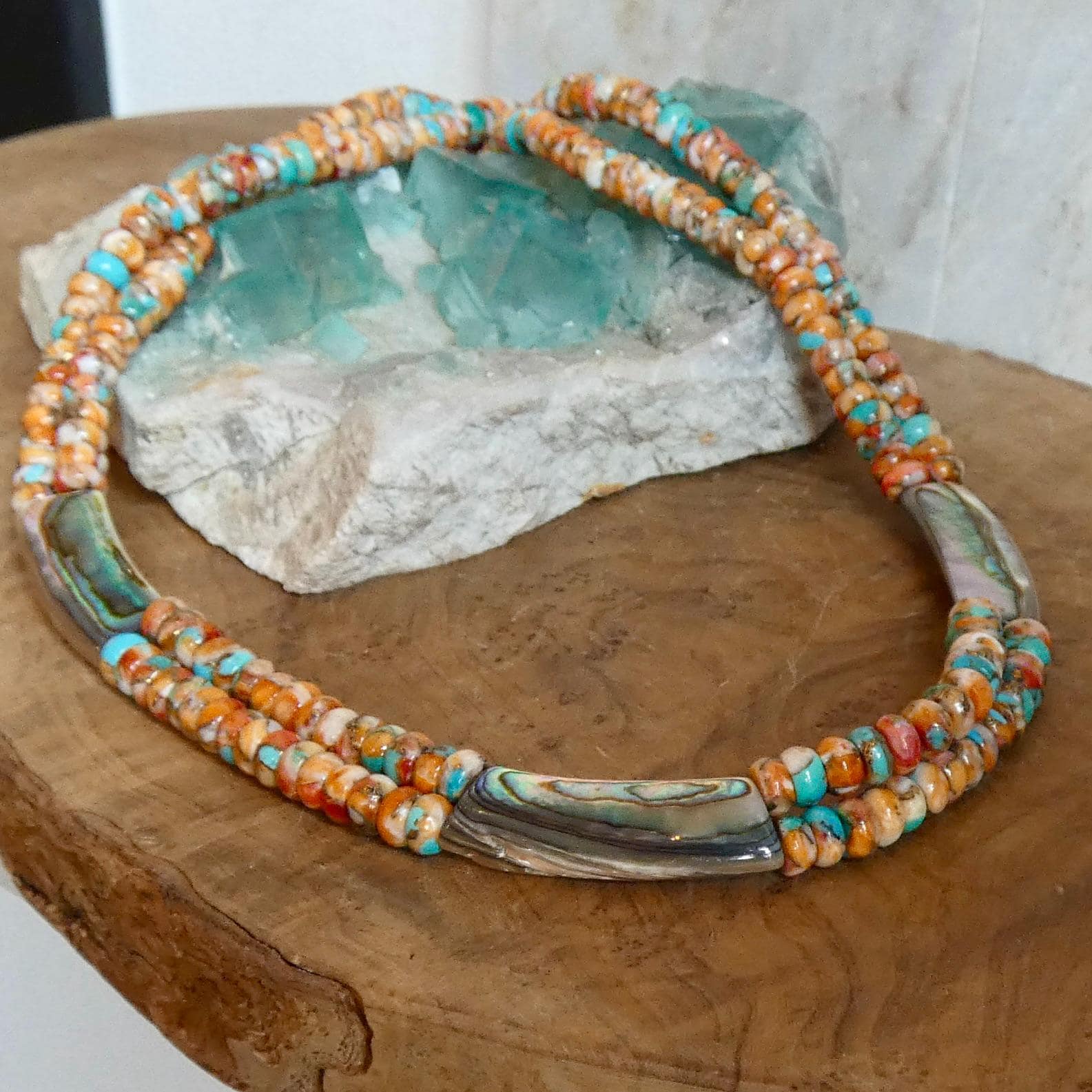 Spiny Oyster Turquoise Beaded Necklace - Abalone Shell Jewelry - .999 Silver