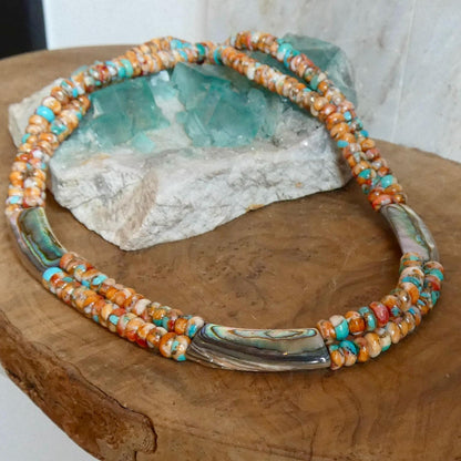 Spiny Oyster Turquoise Beaded Necklace - Abalone Shell Jewelry - .999 Silver