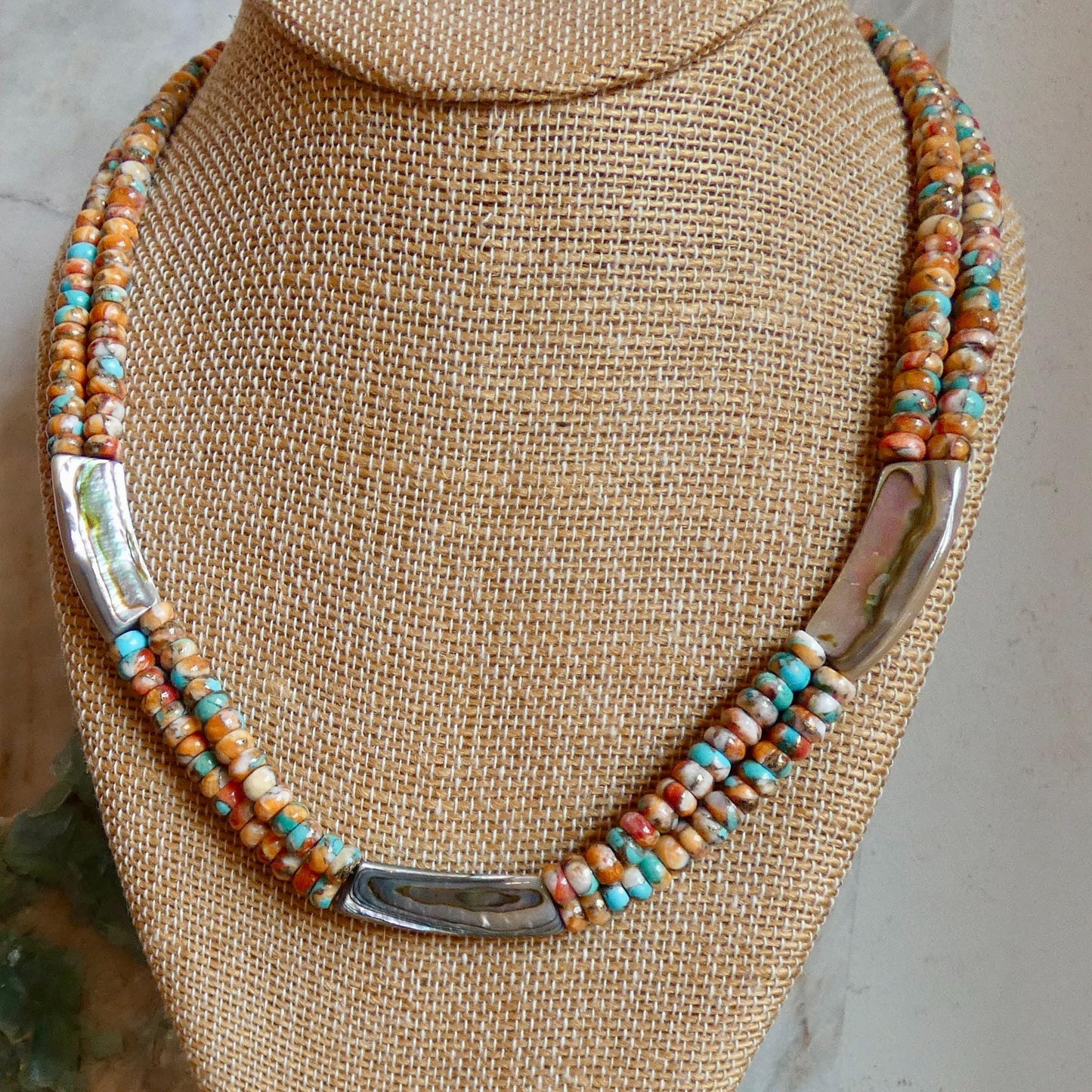 Spiny Oyster Turquoise Beaded Necklace - Abalone Shell Jewelry - .999 Silver