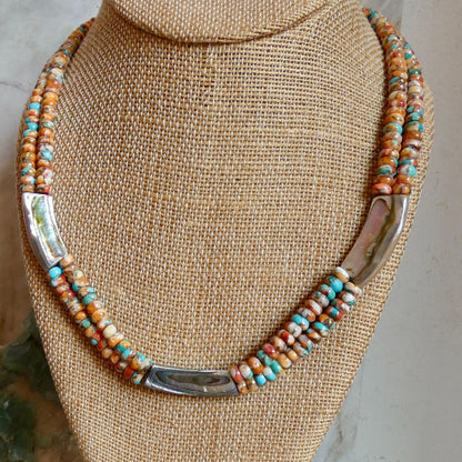 Spiny Oyster Turquoise Beaded Necklace - Abalone Shell Jewelry - .999 Silver