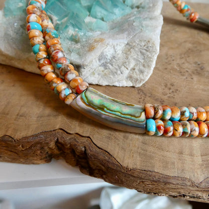 Spiny Oyster Turquoise Beaded Necklace - Abalone Shell Jewelry - .999 Silver