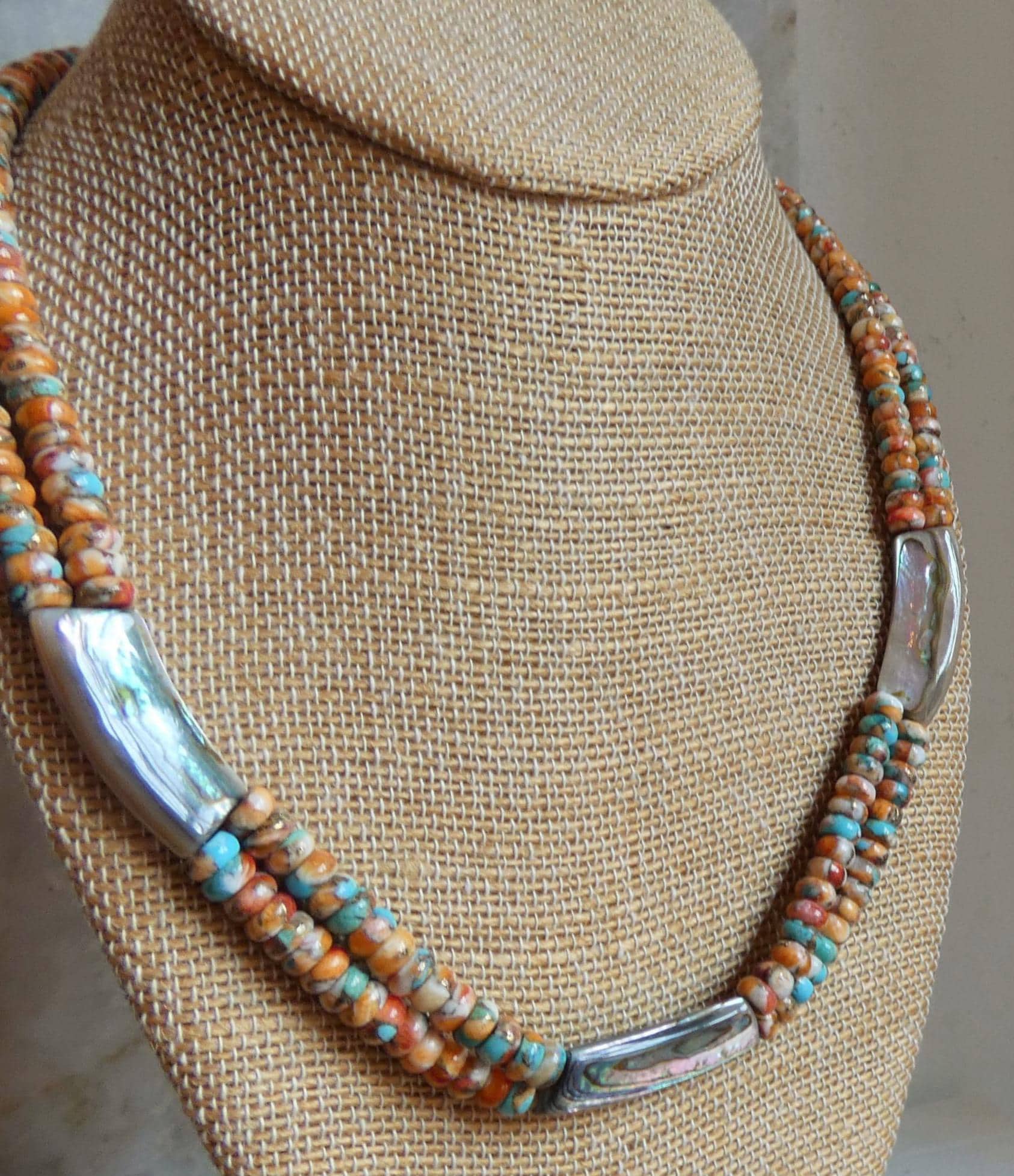 Spiny Oyster Turquoise Beaded Necklace - Abalone Shell Jewelry - .999 Silver