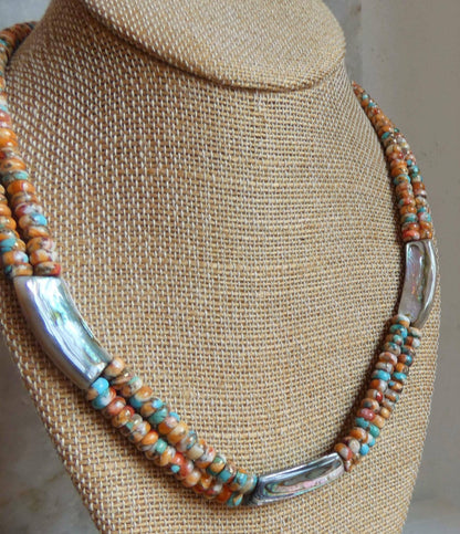 Spiny Oyster Turquoise Beaded Necklace - Abalone Shell Jewelry - .999 Silver