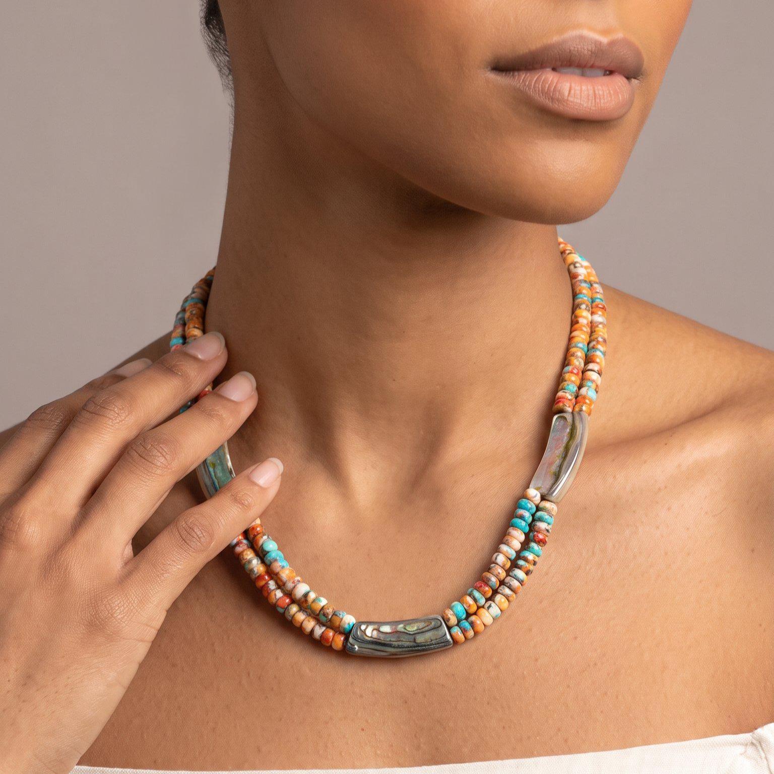 Spiny Oyster Turquoise Beaded Necklace - Abalone Shell Jewelry - .999 Silver