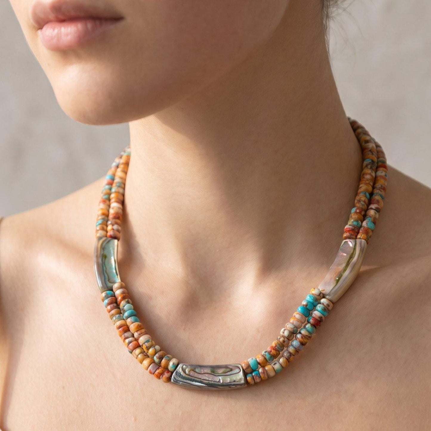 Spiny Oyster Turquoise Beaded Necklace - Abalone Shell Jewelry - .999 Silver