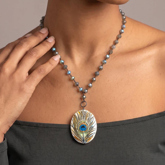 Labradorite Rosary Necklace with Porcelain Peacock Feather Focal | Sterling Silver