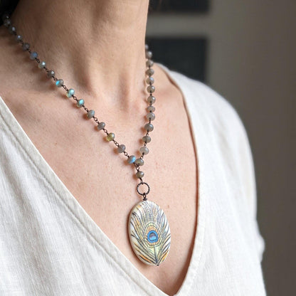 Labradorite Rosary Necklace with Porcelain Peacock Feather Focal | Sterling Silver
