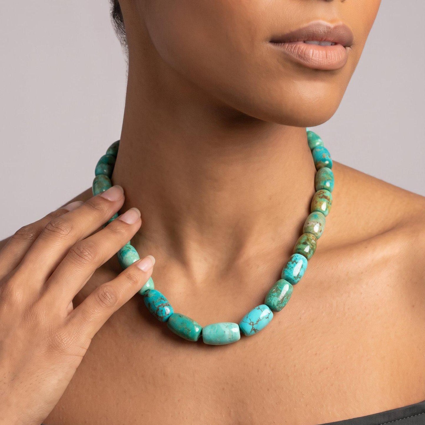 Hubei Turquoise Barrel Beads Necklace | Sterling Silver