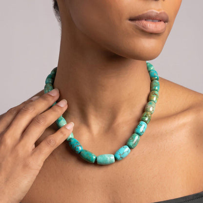 Hubei Turquoise Barrel Beads Necklace | Sterling Silver