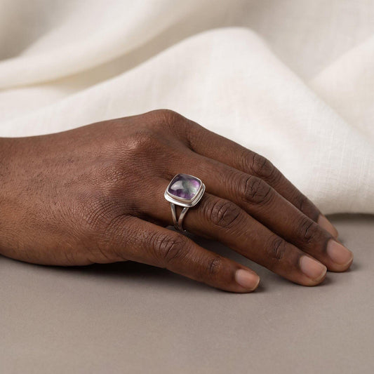 Rainbow Fluorite Square Ring | Sterling Silver