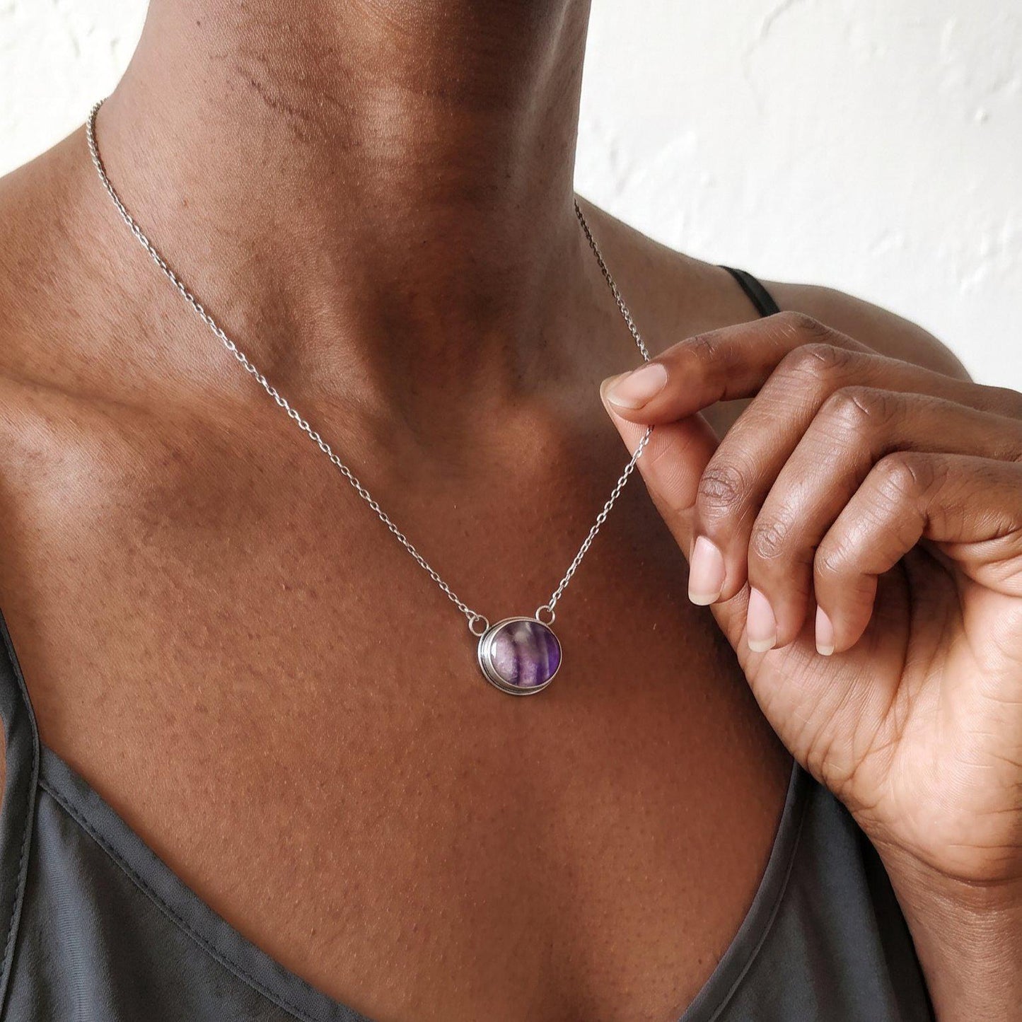 Rainbow Fluorite Pendant with Chain | Sterling Silver
