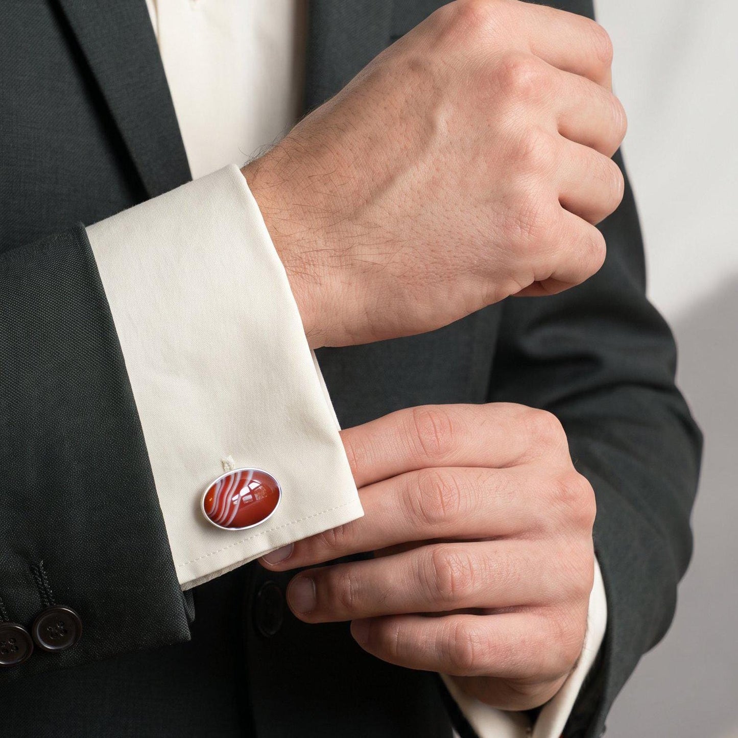 Red Banded Agate Cuff Links | Sterling Silver