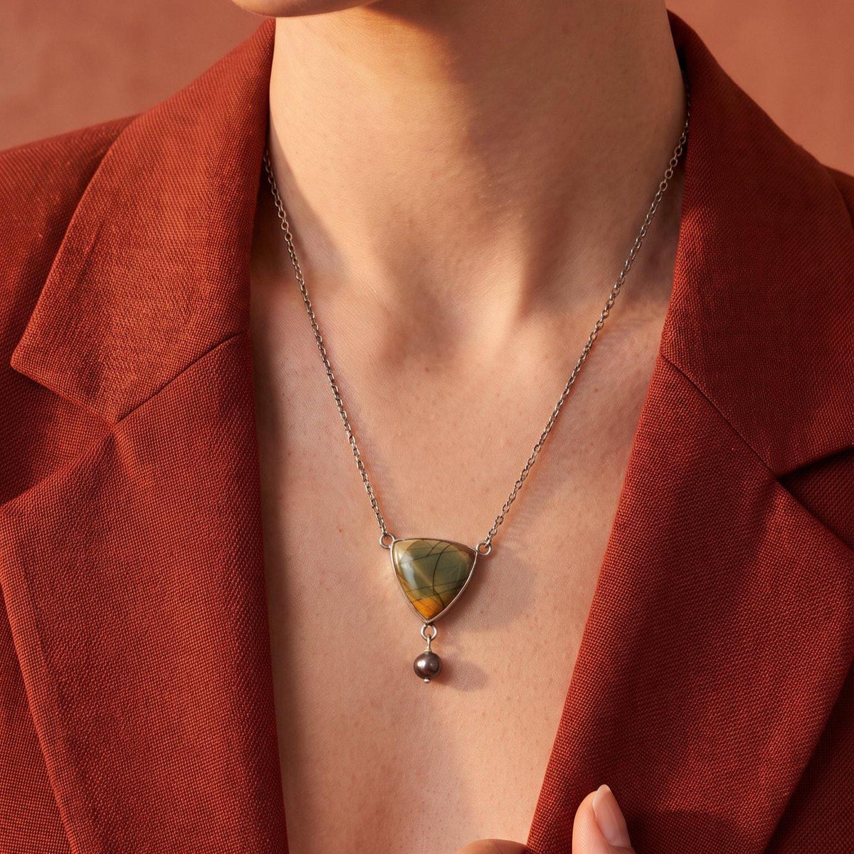 Red Creek Jasper and Freshwater Pearl Y Necklace | Sterling Silver