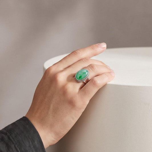 Green Burma Jade Boho Ring | Sterling Silver