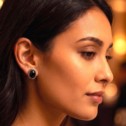 Black Agate Oval Posts | Sterling Silver