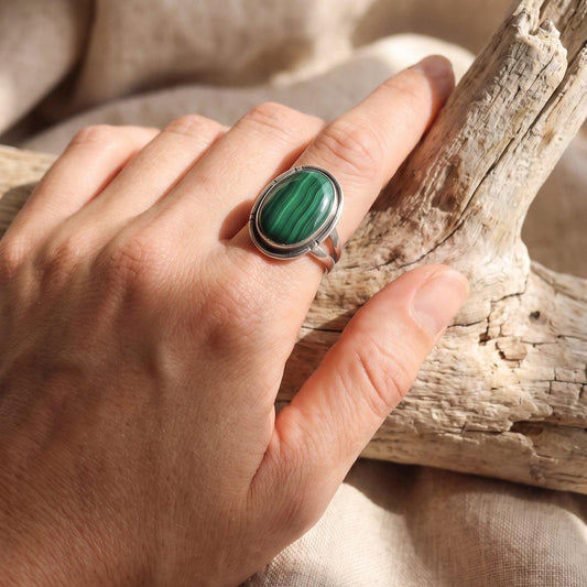 Malachite Chisel Notcherd Ring | Sterling Silver