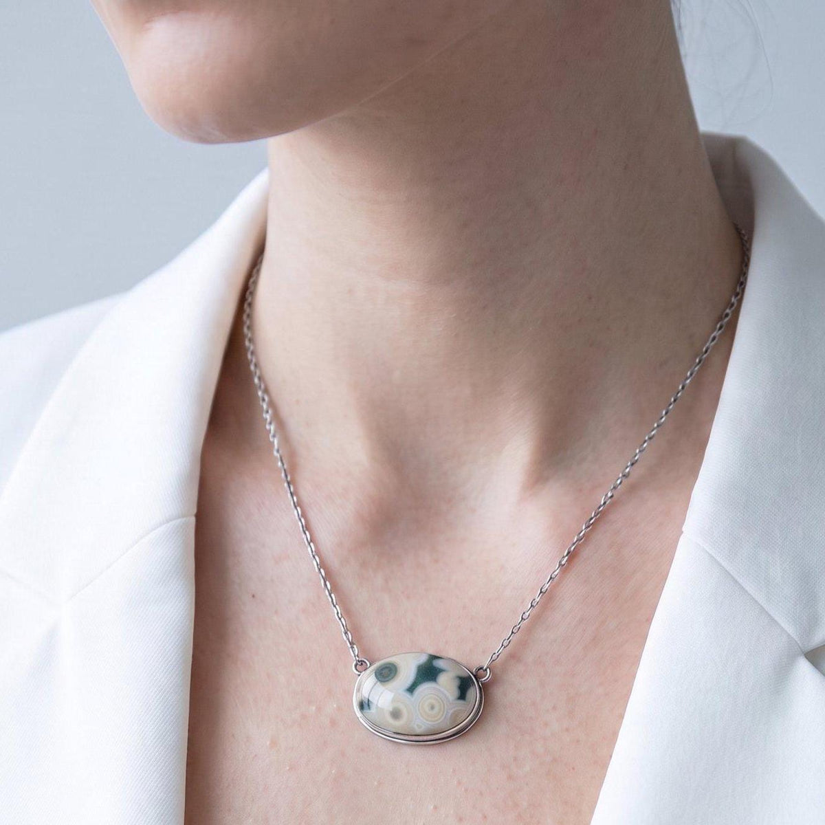 Ocean Jasper East-West Pendant Necklace | Sterling Silver | 18X24 Stone