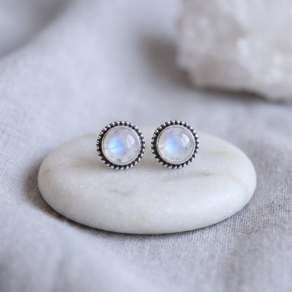 Rainbow Moonstone Studs | Sterling Silver | 7mm Stones