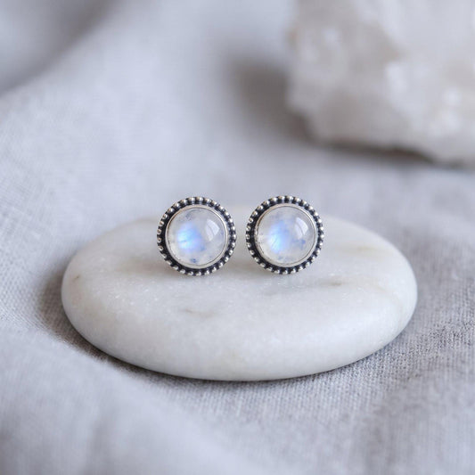 Rainbow Moonstone Studs | Sterling Silver | 7mm Stones