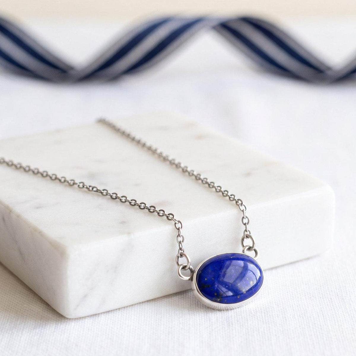 Lapis Lazuli East West Oval Necklace | Sterling Silver