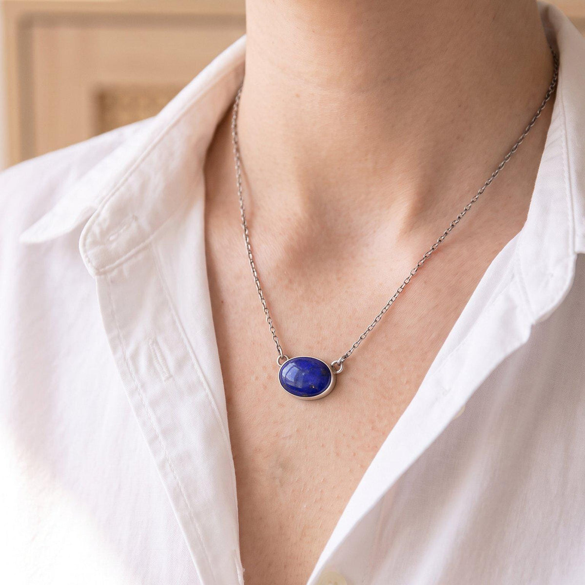 Lapis Lazuli East West Oval Necklace | Sterling Silver