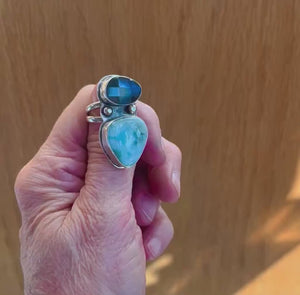 Larimar and Labradorite Ring - Sterling Silver Two Stone Statement Ring - Size 7