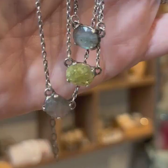 Dainty Labradorite Pendant - .925 Sterling Silver - Labradorite Preppy Prong Necklace