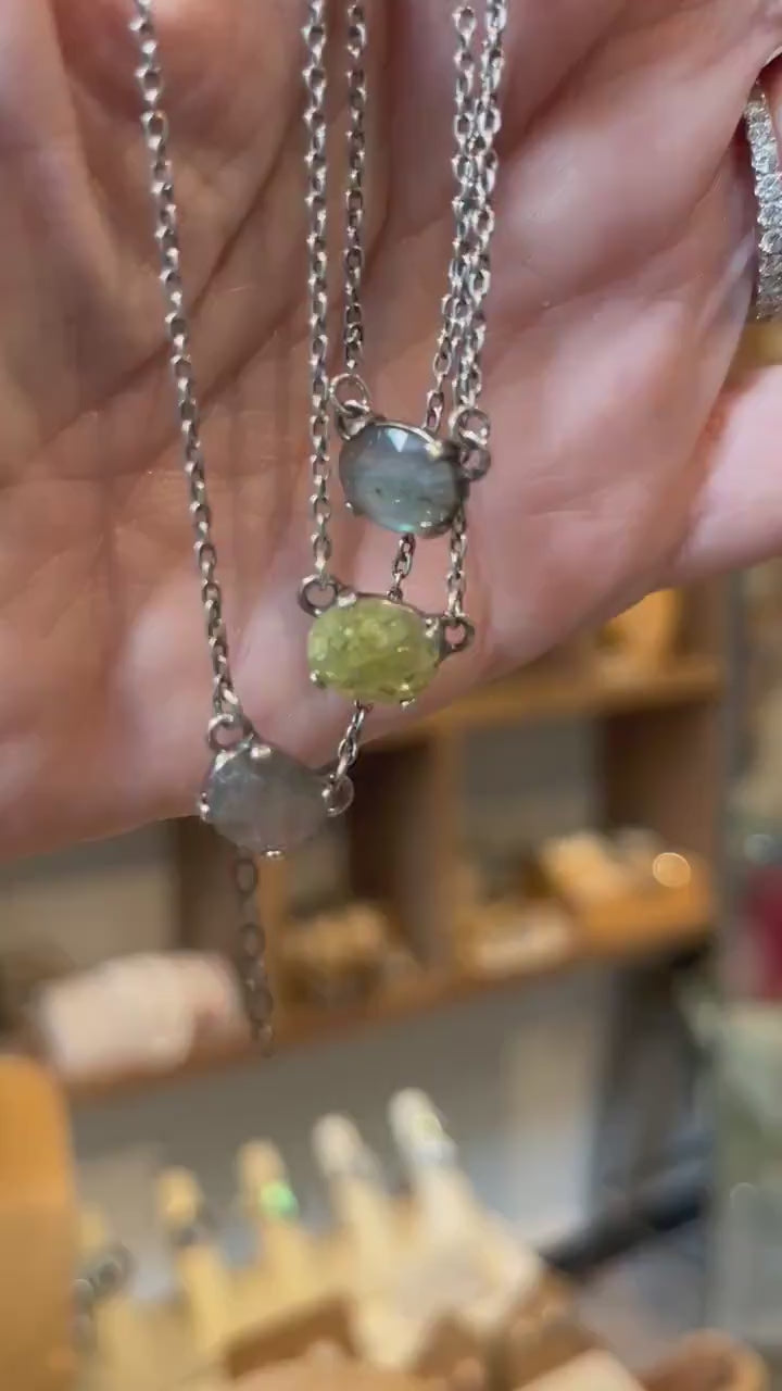 Dainty Labradorite Pendant - .925 Sterling Silver - Labradorite Preppy Prong Necklace