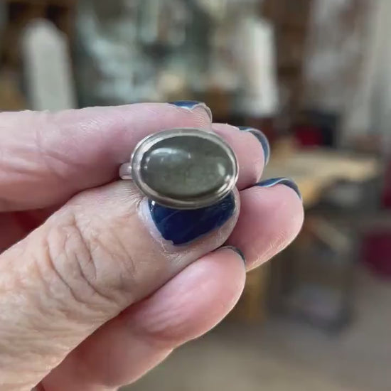 East West Golden Obsidian Ring - Sterling Silver Statement Ring