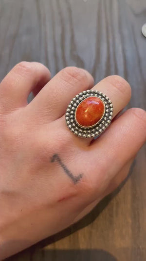 Red Sponge Coral Statement Ring - Size 7 - Sterling Silver