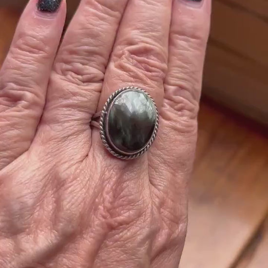 Seraphinite Sterling Silver Ring - Handmade Boho Statement Jewelry