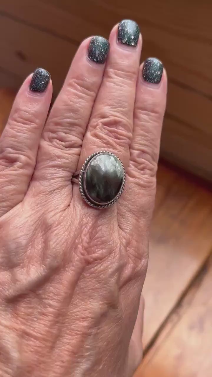 Seraphinite Sterling Silver Ring - Handmade Boho Statement Jewelry