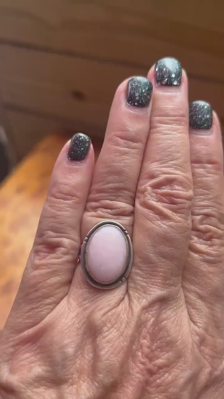 Pink Opal Sterling Silver Statement Ring – Hand Chiseled Boho Design