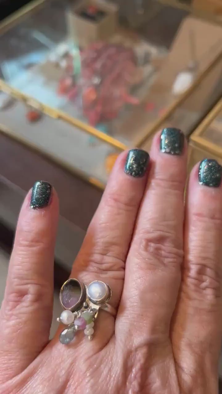 Tourmaline Ring - Fringe Ring - Freshwater Pearl Ring - Sterling Silver - Gold Filled